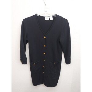 Vtg Madeleine Sweater Dress 10 Black Gold Buttons Wool V Neck Pockets Career